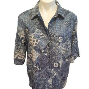 Medium Blue Linen Blouse Shirt Elbow Sleeves Coldwater Creek Floral Print